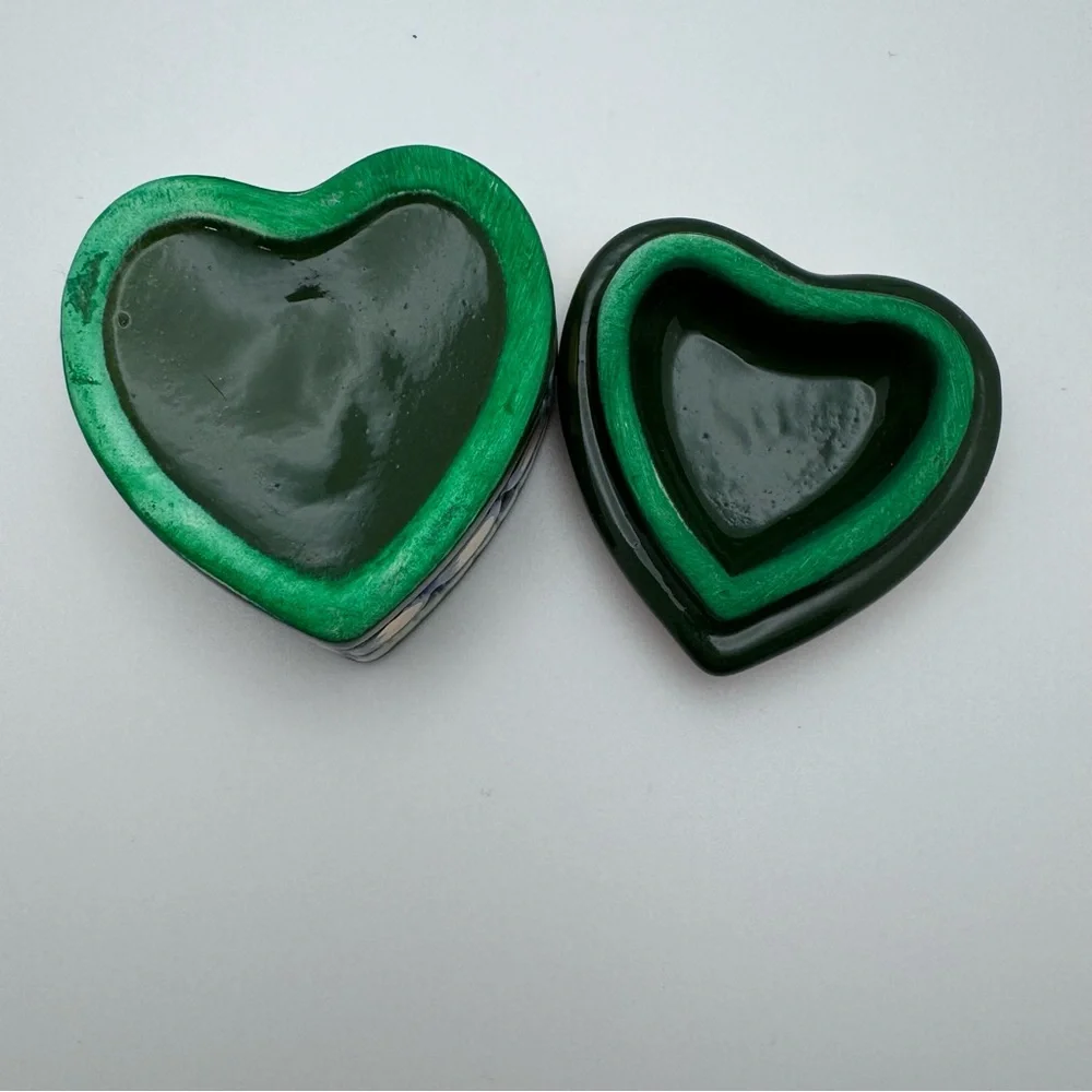 Hand Painted Ceramic Heart Trinket Box Italy Souvenir Floral Gold Green Keepsake